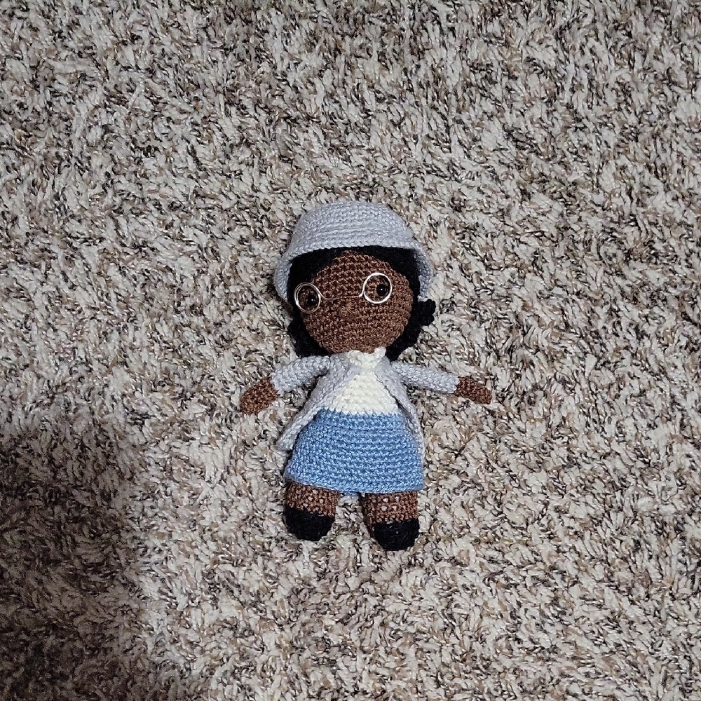 Handmade Crochet Doll with Blue Skirt and Gray Hat